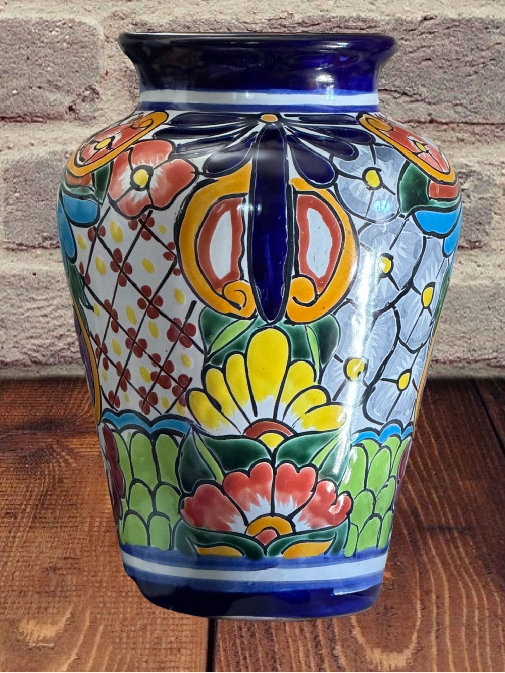 Talavera Hand-Painted Floral Ceramic Vase - Multicolor 8 3/4 Inches.